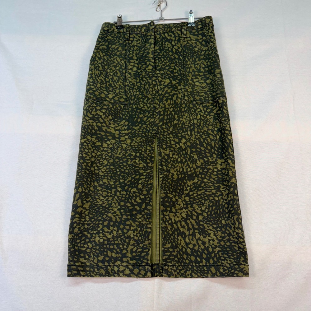Le Superbe Green Animal Print Utility Midi Skirt Front Slit Pockets Size 6